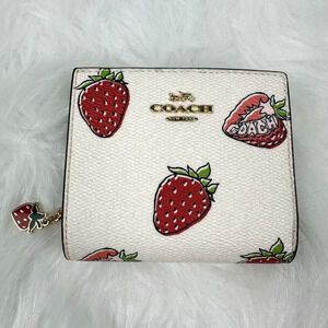 Coach Snap Wallet With Strawberry Print In Gold/Chalk Multi CAP18 NWT